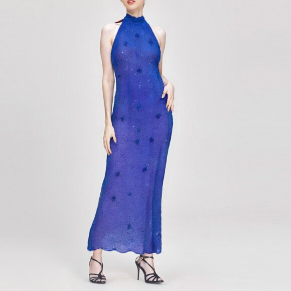Avanti Silk Beaded Sequin Long Evening Gown Halter Formal Dress Royal Blue Party - Picture 1 of 16